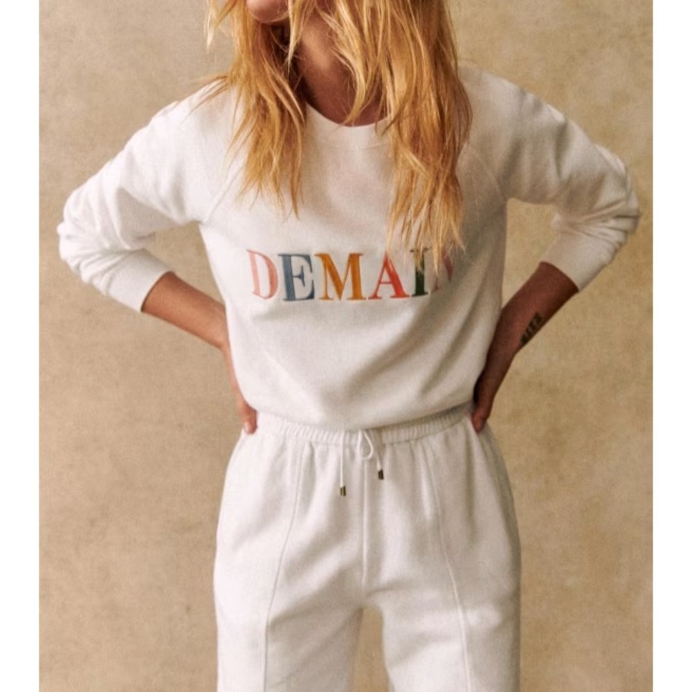 Sezane Demain Sweatshirt Size M White Multi Embroidered Graphic Organic Cotton